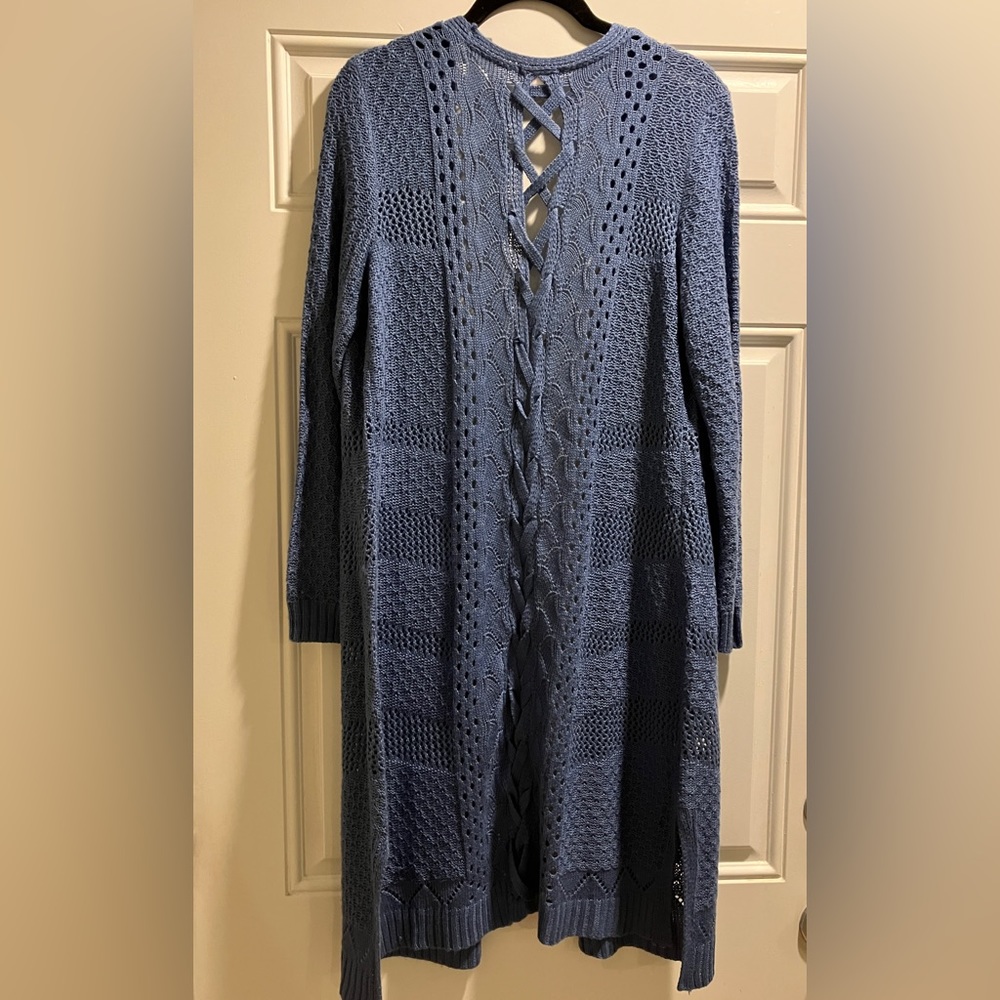 Sweater Cardigan, Medium, beautiful back details light blue, long duster length